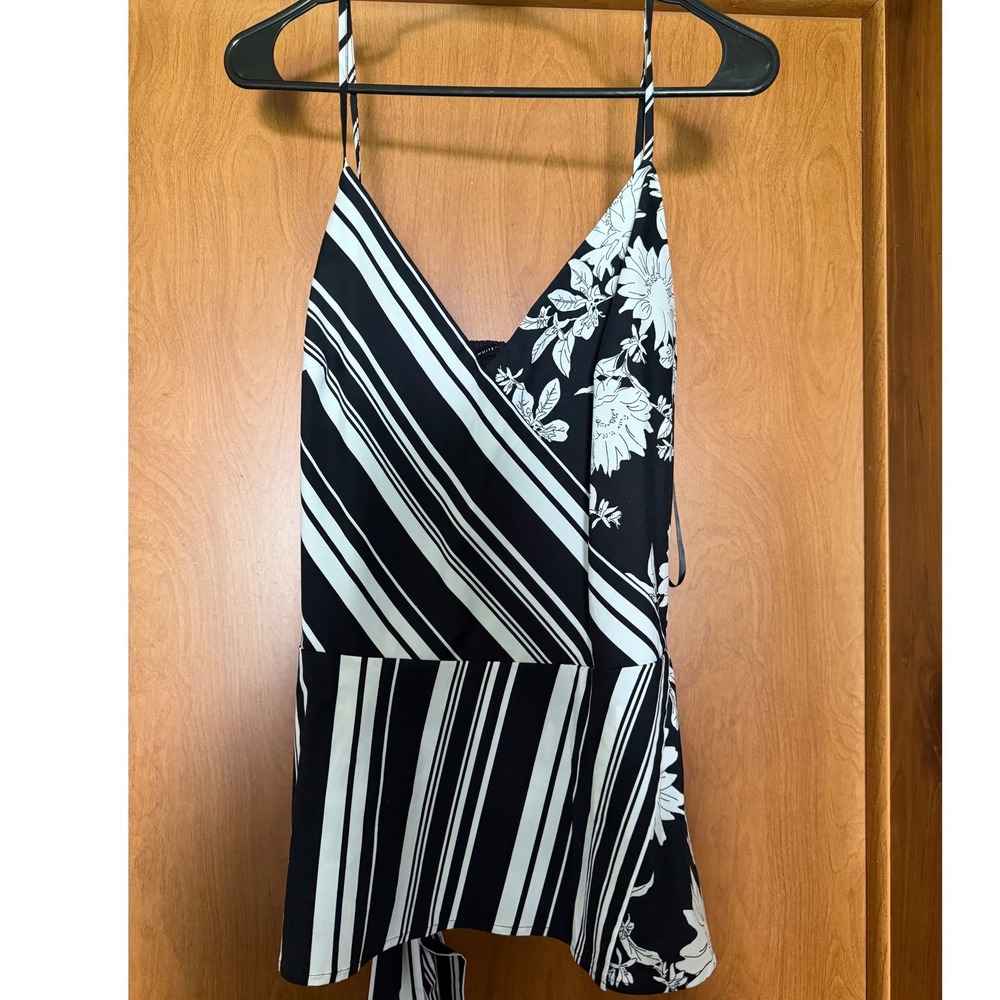 White House Black Market Mixed Print Surplice Top Sunny Stripe Floral Black 14